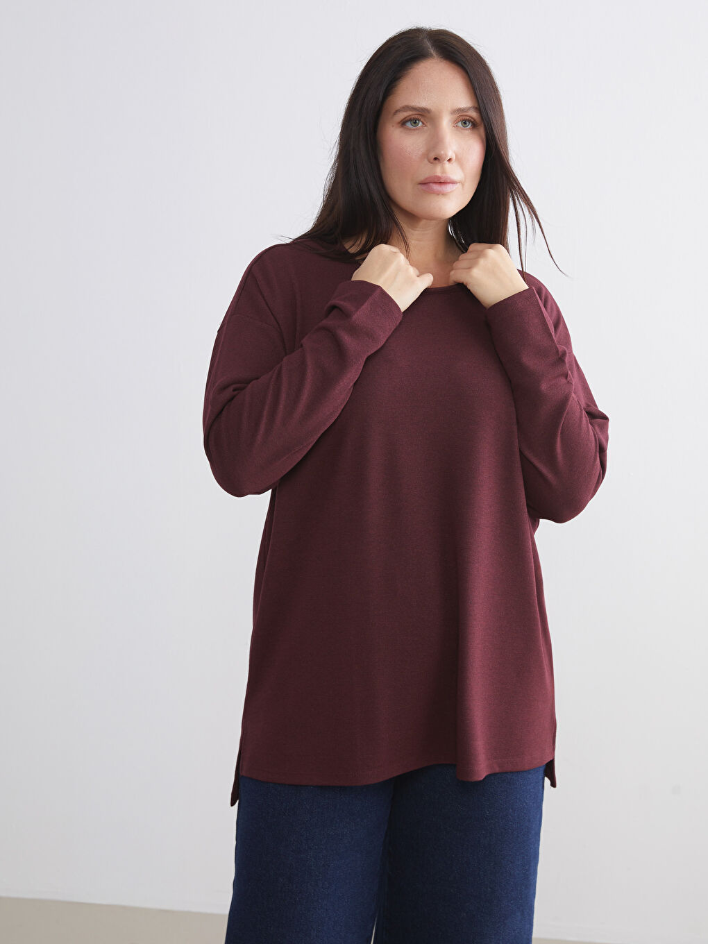 Mürdüm Bisiklet Yaka Oversize Kadın Tişört-1