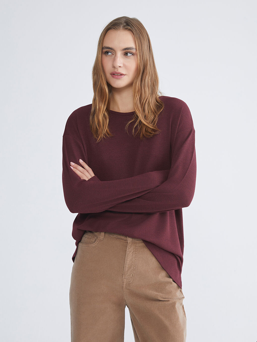 Mürdüm Bisiklet Yaka Oversize Kadın Tişört