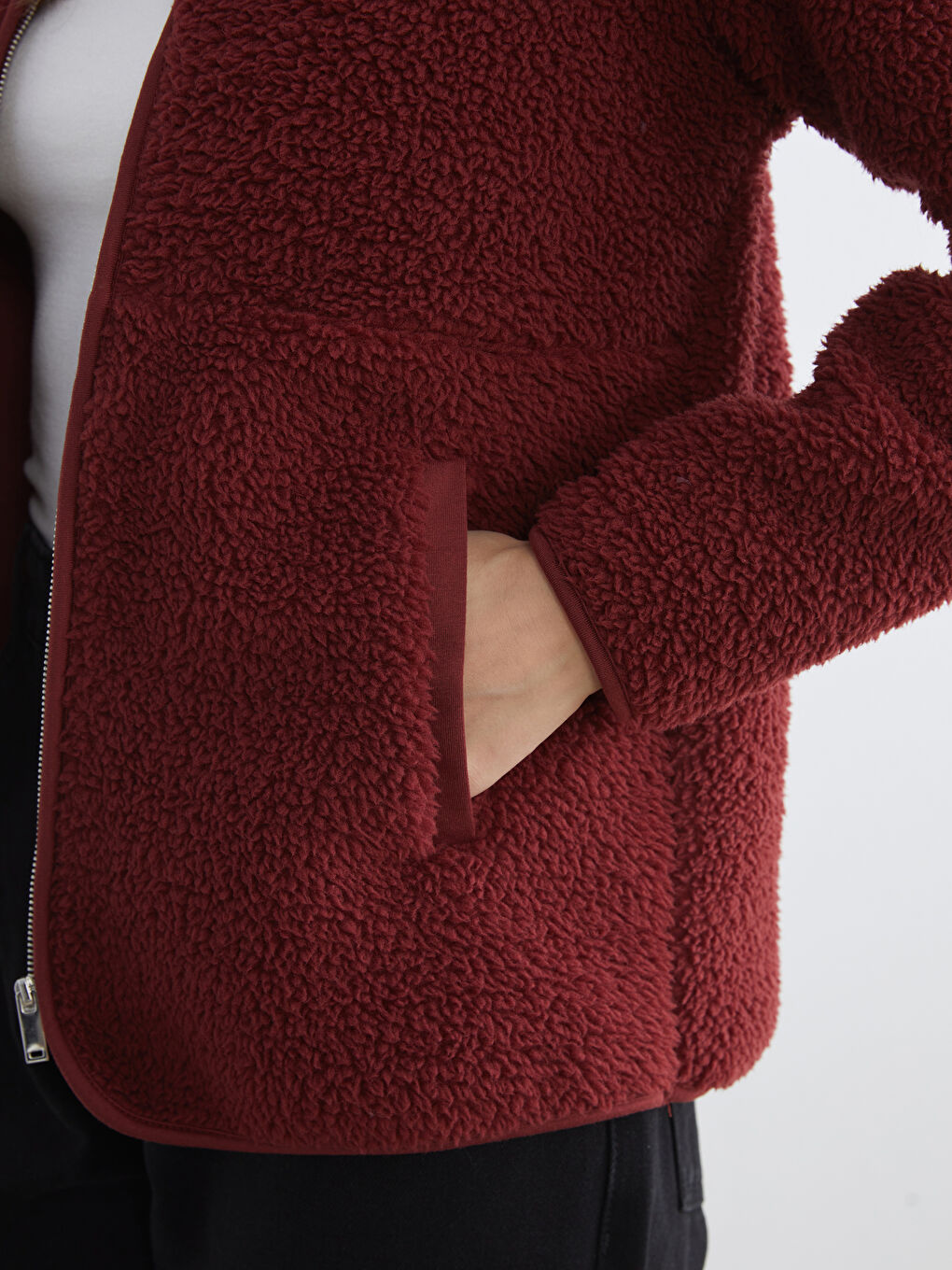 Bordo Dik Yaka Kadın Pelüş Hırka-2