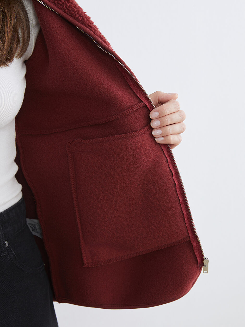 Bordo Dik Yaka Kadın Pelüş Hırka-3