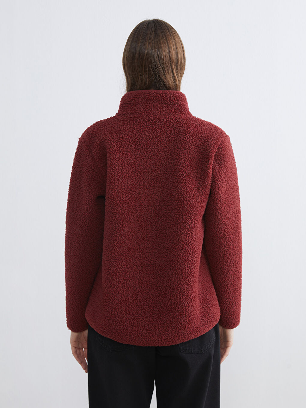 Bordo Dik Yaka Kadın Pelüş Hırka-4