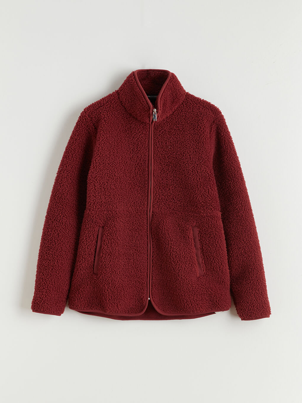 Bordo Dik Yaka Kadın Pelüş Hırka-5