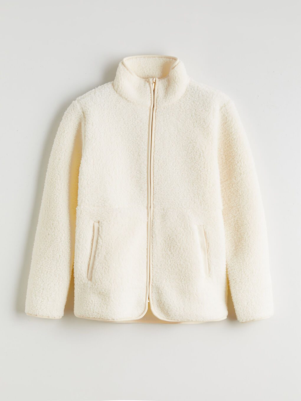 Bej Dik Yaka Kadın Pelüş Hırka-5