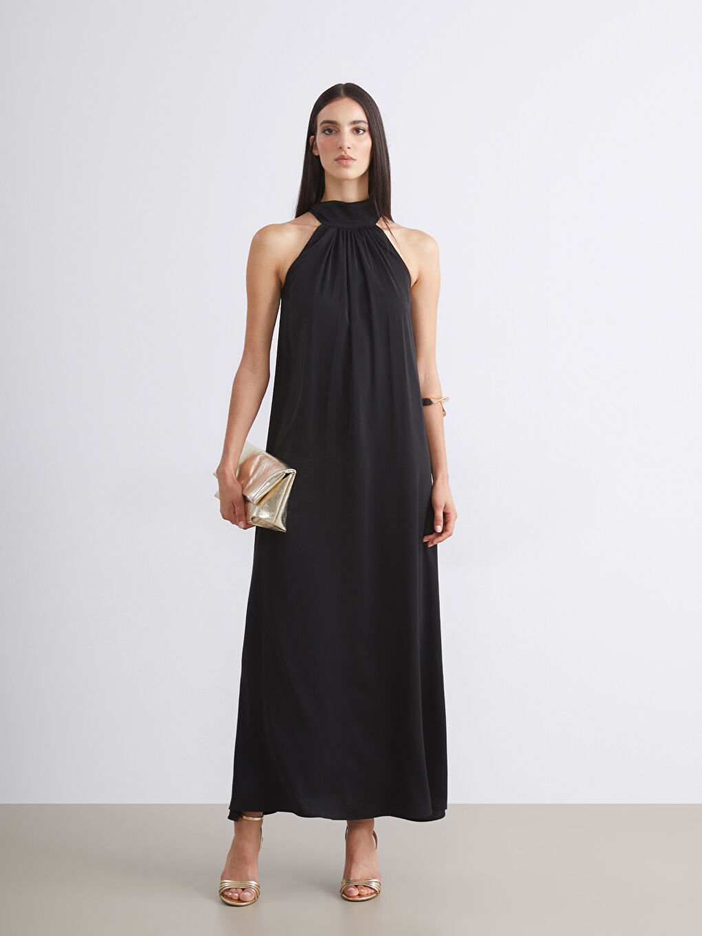 Siyah Halter Yaka Saten Elbise-1