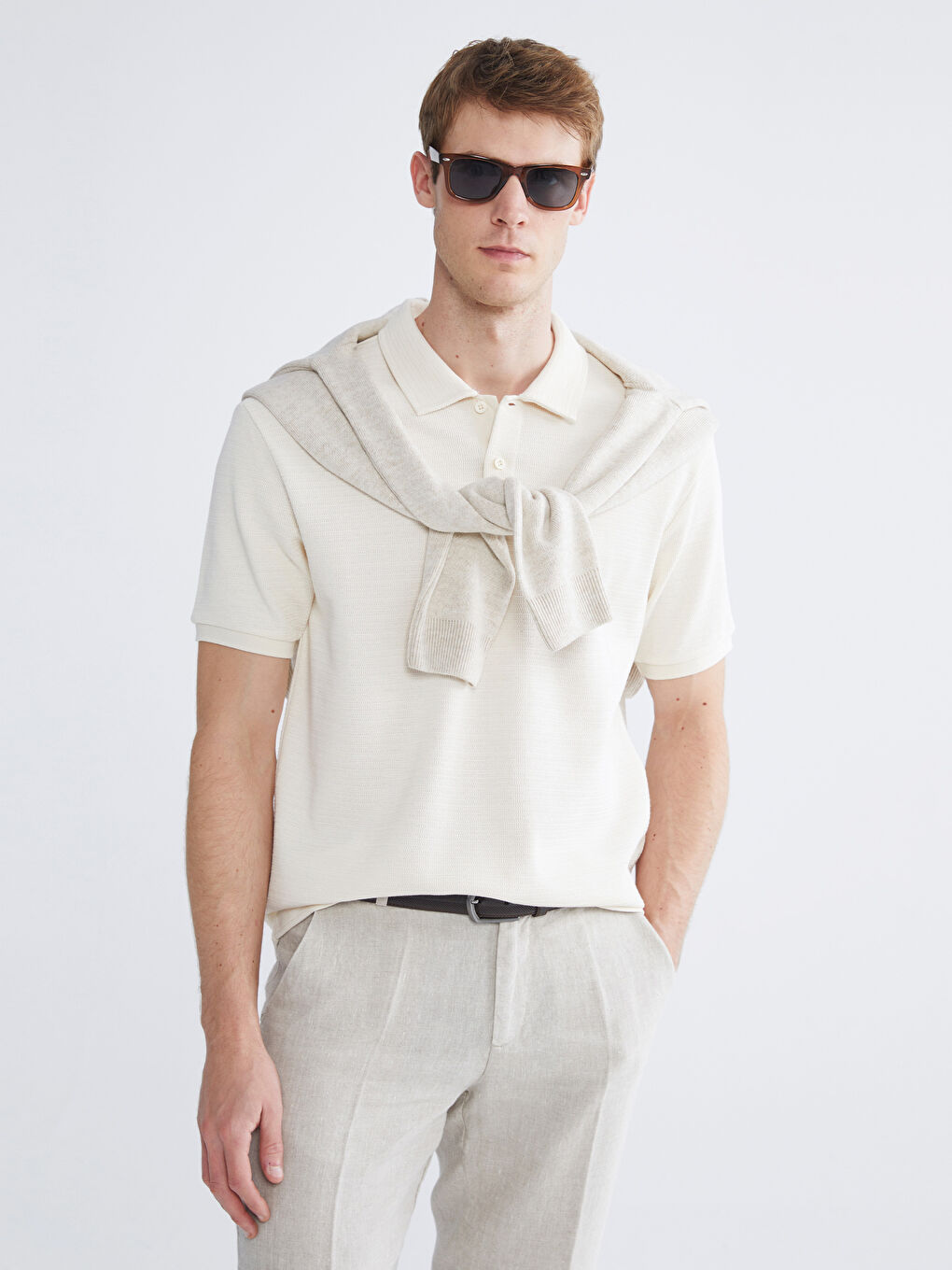 Gri Polo Yaka Kısa Kollu Basic Erkek Tişört-1