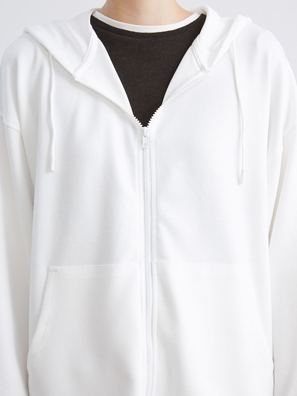 Ekru Kapüşonlu Oversize Kadın Fermuarlı Sweatshirt-2