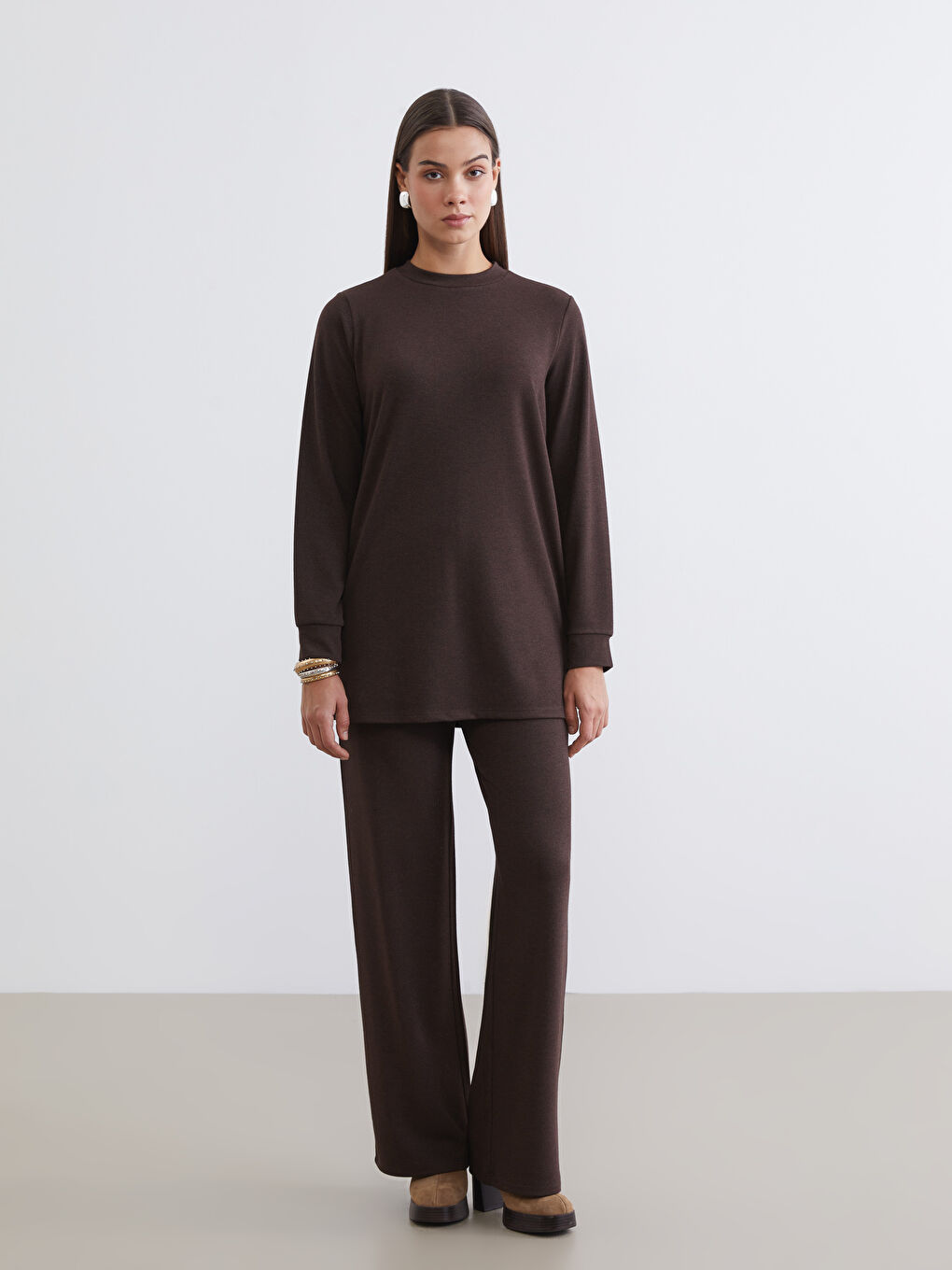 Kahverengi Bisiklet Yaka Kadın Sweatshirt Tunik-1