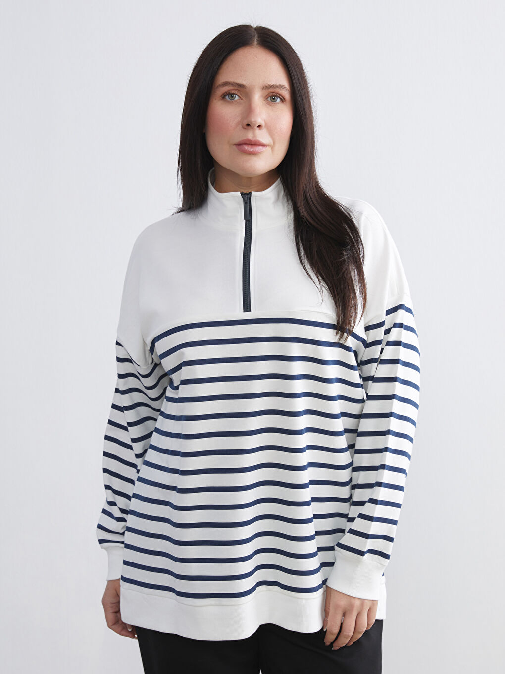 Lacivert Dik Yaka Çizgili Kadın Sweatshirt Tunik-1