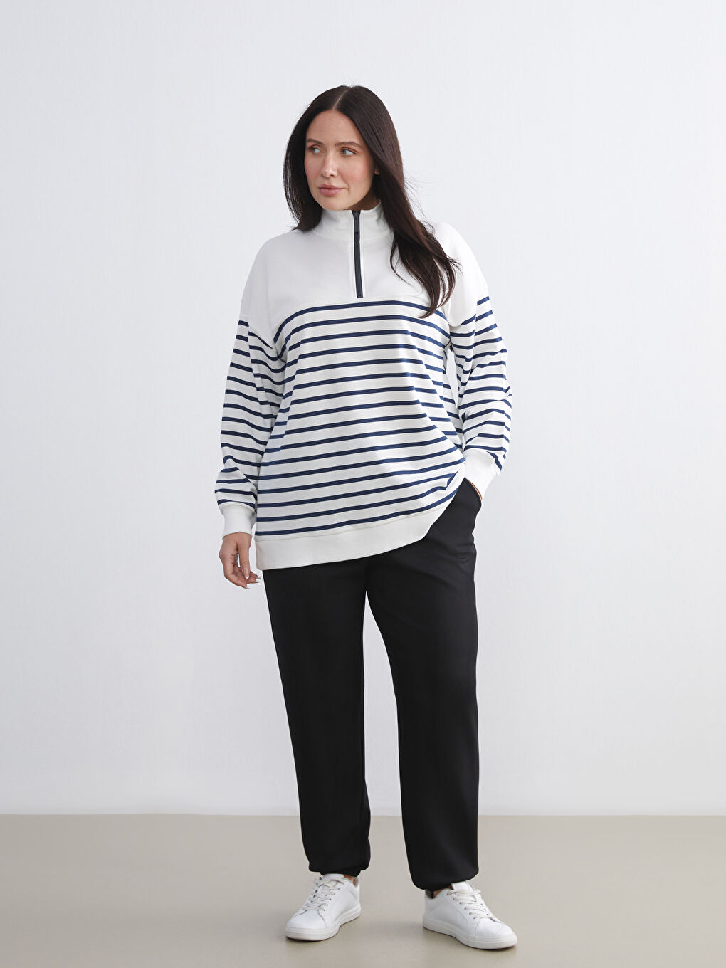 Lacivert Dik Yaka Çizgili Kadın Sweatshirt Tunik-5