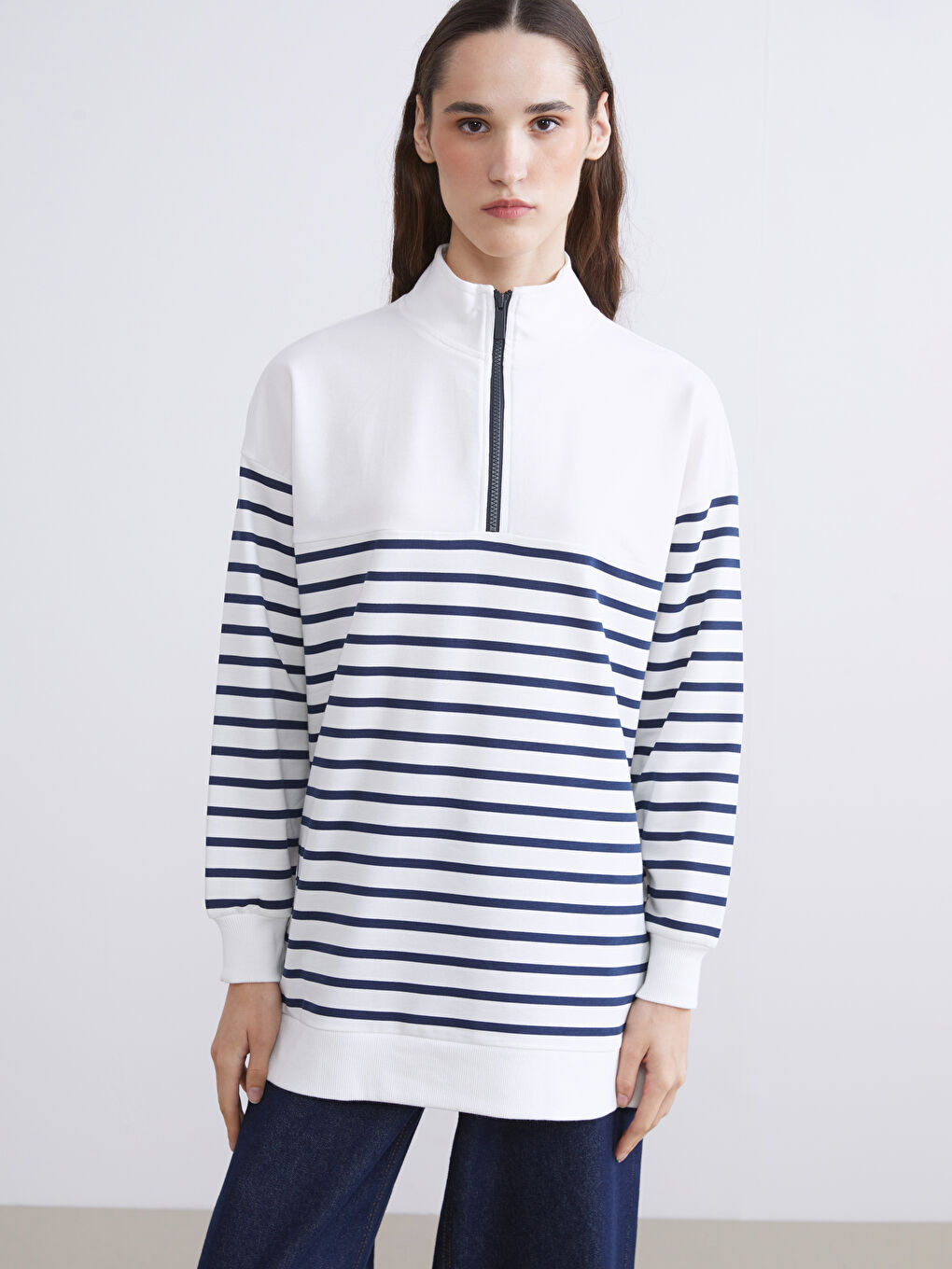 Lacivert Dik Yaka Çizgili Kadın Sweatshirt Tunik