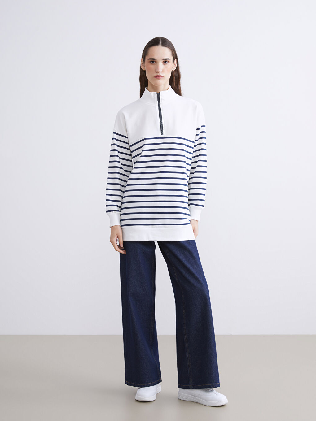 Lacivert Dik Yaka Çizgili Kadın Sweatshirt Tunik-2