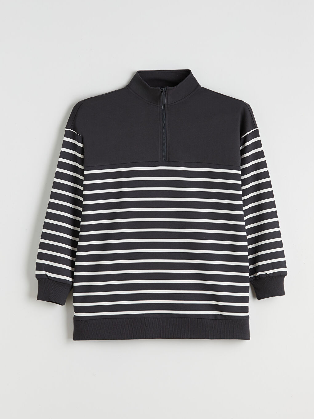 Gri Dik Yaka Çizgili Kadın Sweatshirt Tunik-4