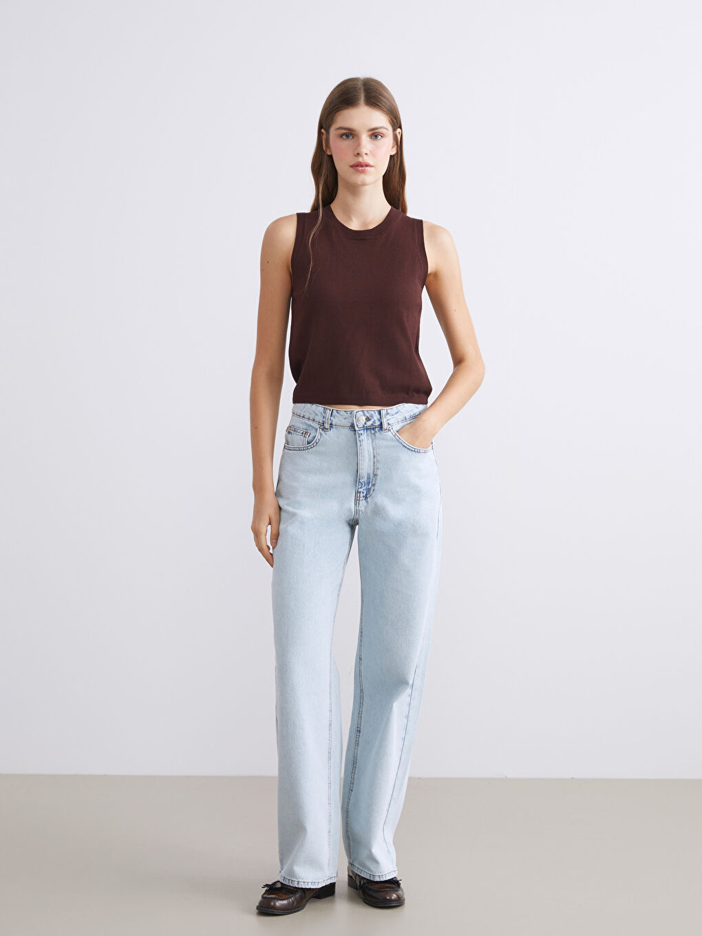 Kahverengi Bisiklet Yaka Oversize Kadın Triko Süveter-1