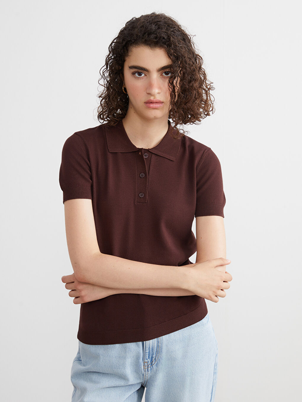 Kahverengi Polo Yaka Kadın Triko Kazak