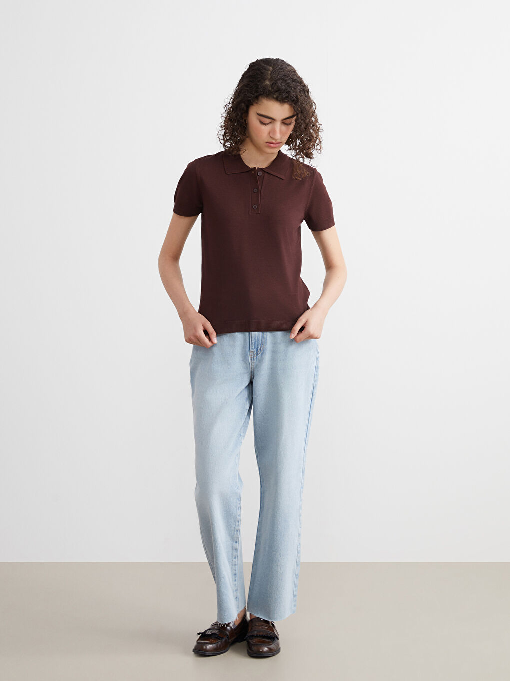 Kahverengi Polo Yaka Kadın Triko Kazak-1