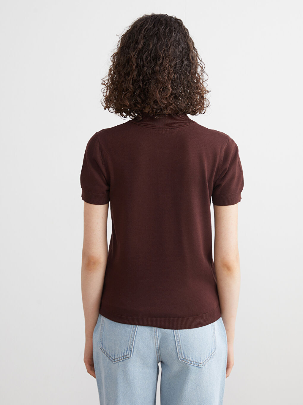 Kahverengi Polo Yaka Kadın Triko Kazak-3