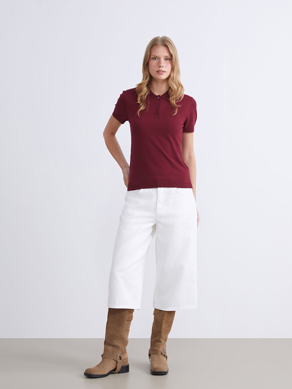 Bordo Polo Yaka Kadın Triko Kazak-1