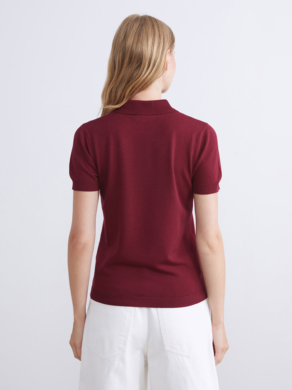 Bordo Polo Yaka Kadın Triko Kazak-3