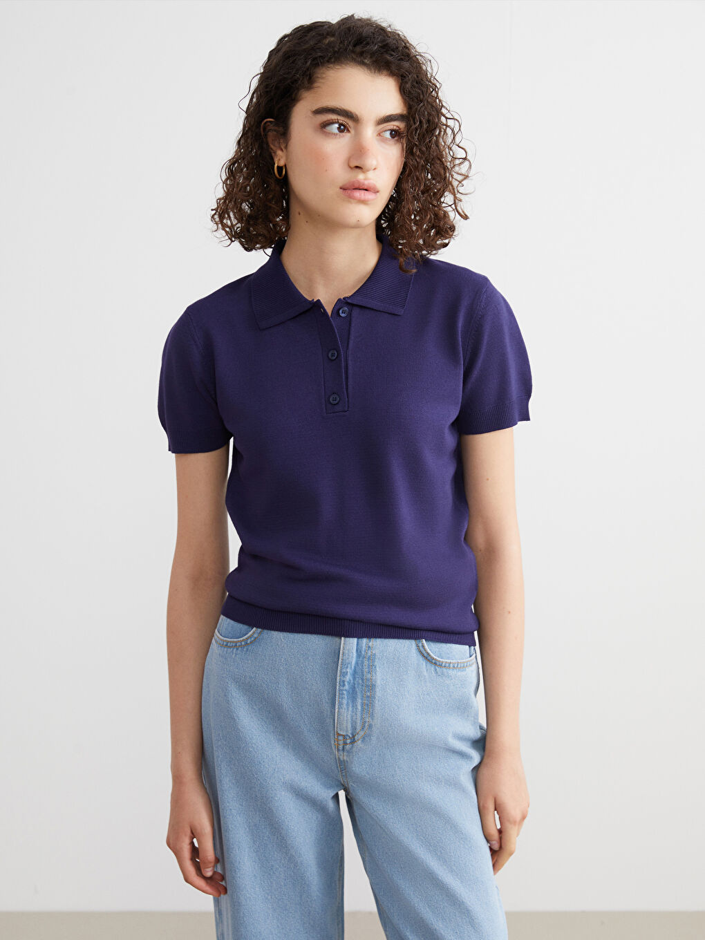 Lacivert Polo Yaka Kadın Triko Kazak