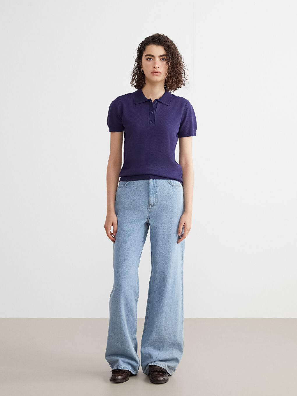 Lacivert Polo Yaka Kadın Triko Kazak-1