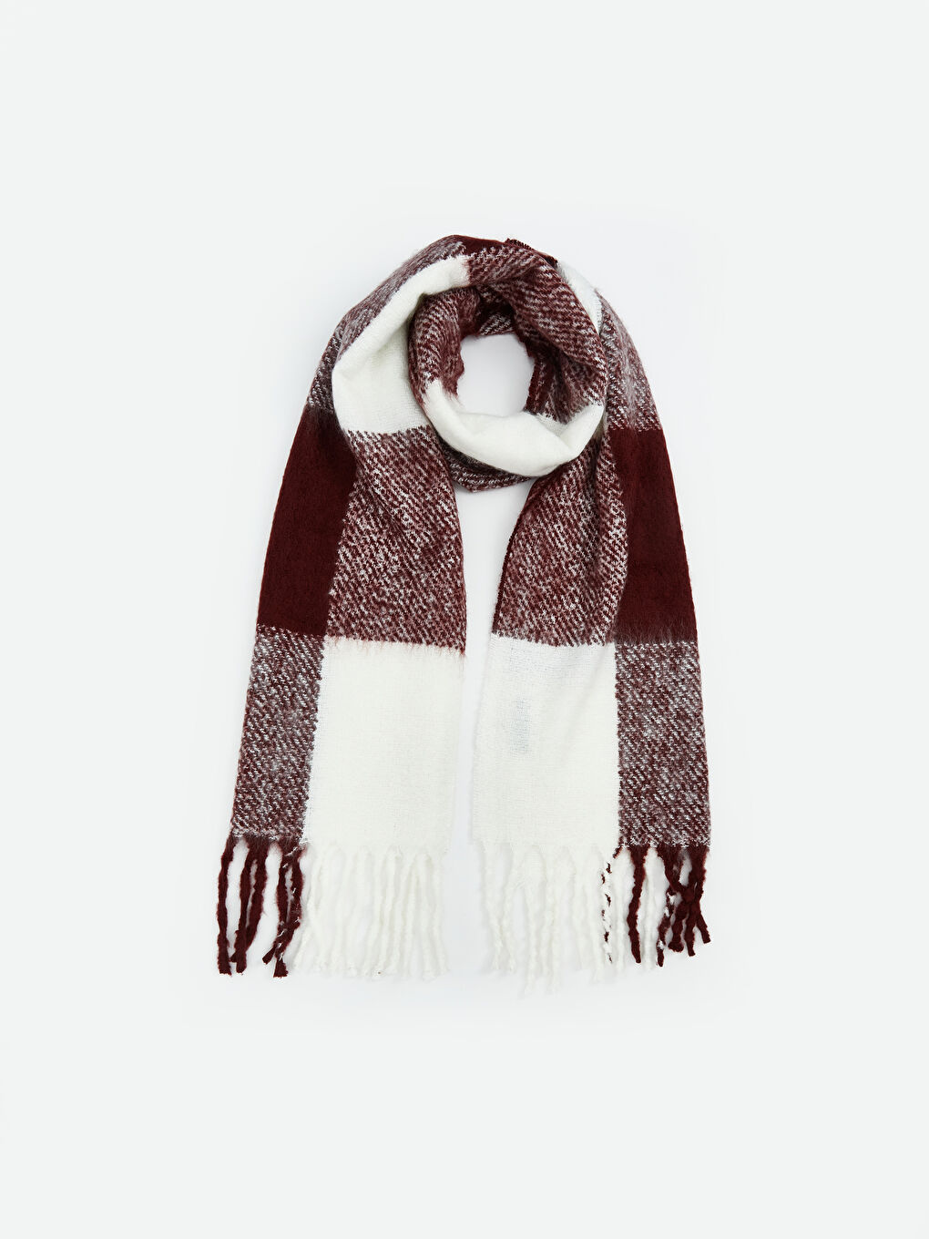 Bordo Püskül Detaylı Ekose Desenli Kadın Atkı