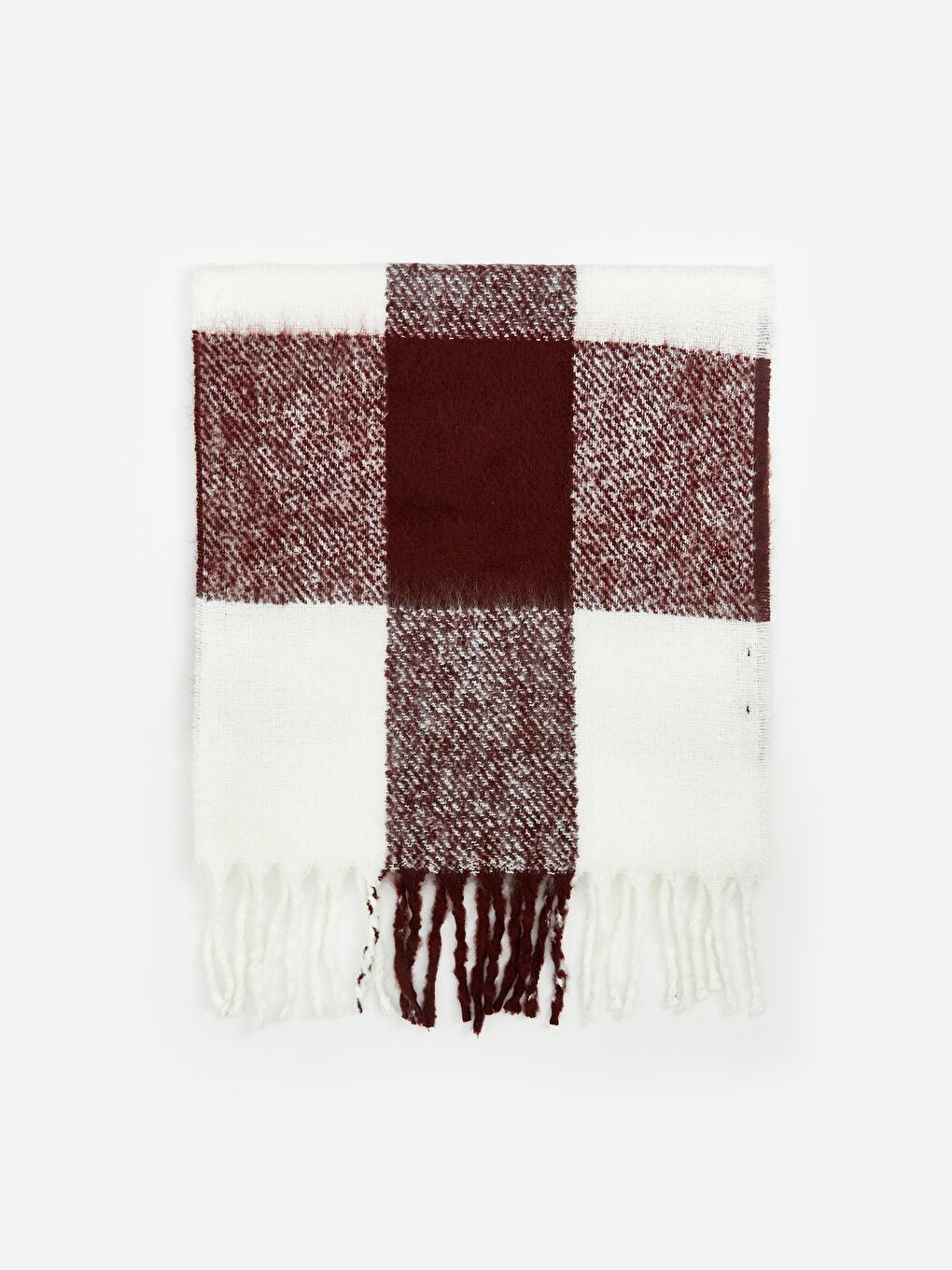 Bordo Püskül Detaylı Ekose Desenli Kadın Atkı-1