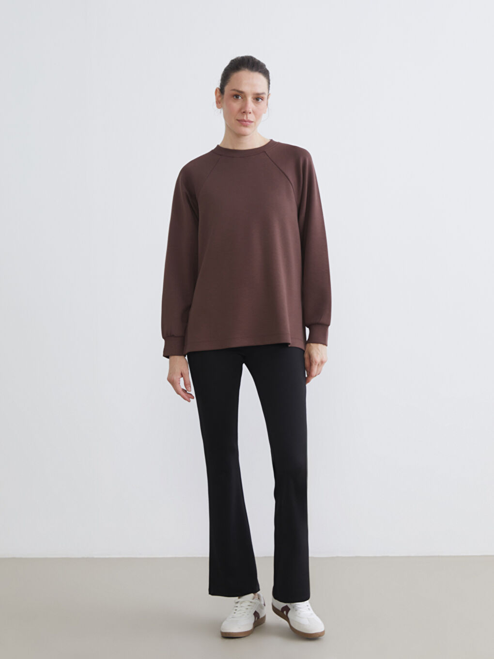 Kahverengi Bisiklet Yaka Oversize Kadın Sweatshirt Tunik-1