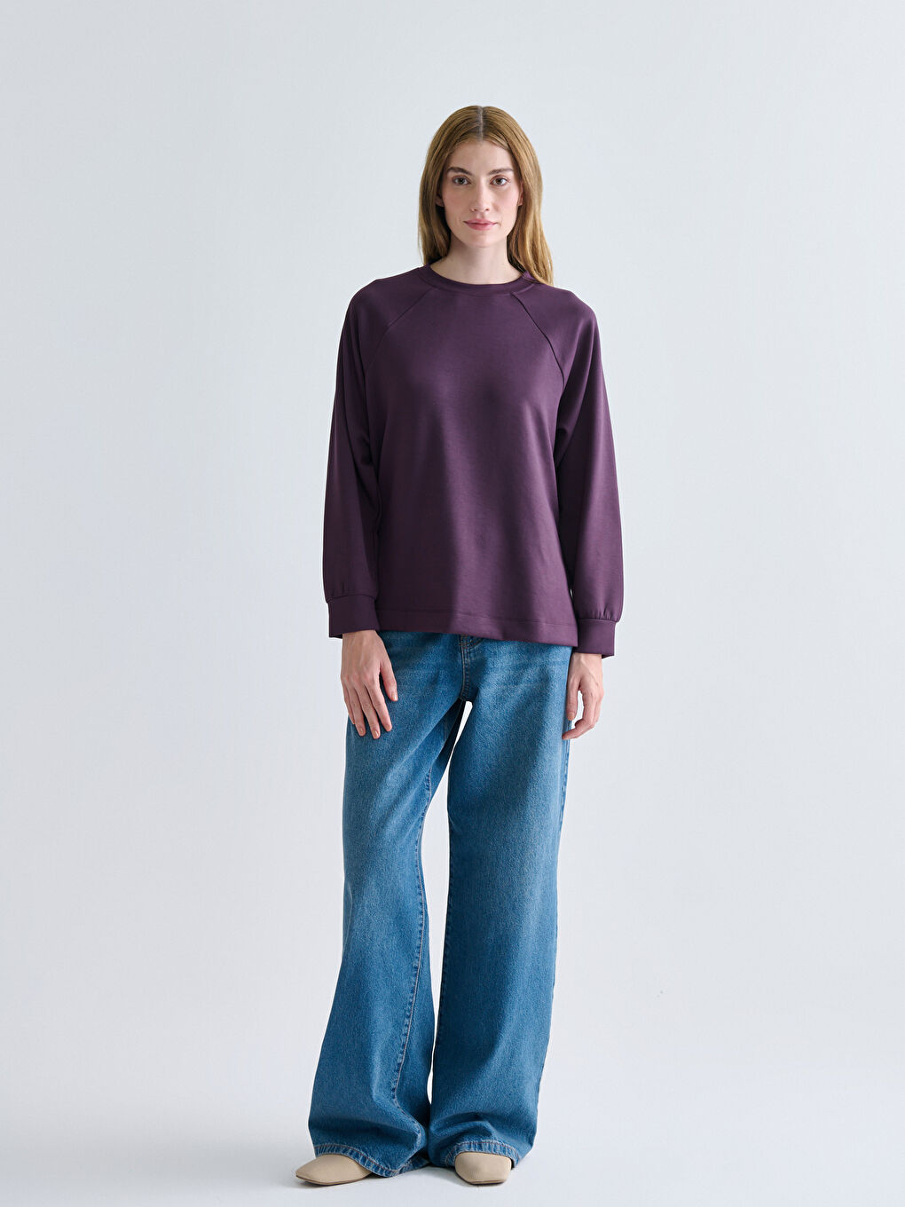 Mürdüm Bisiklet Yaka Oversize Kadın Sweatshirt Tunik-1