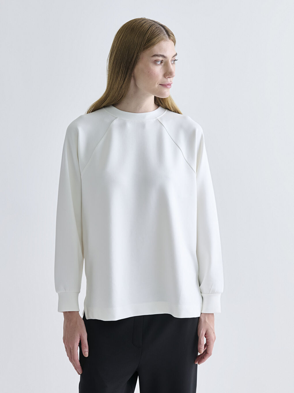 Ekru Bisiklet Yaka Oversize Kadın Sweatshirt Tunik