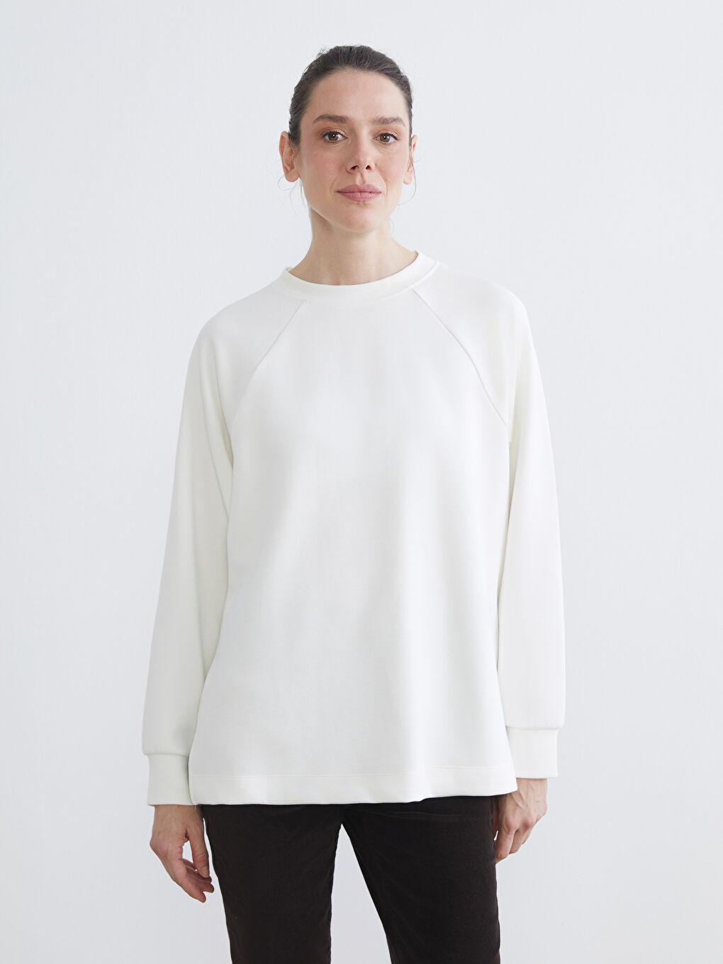 Ekru Bisiklet Yaka Oversize Kadın Sweatshirt Tunik-1