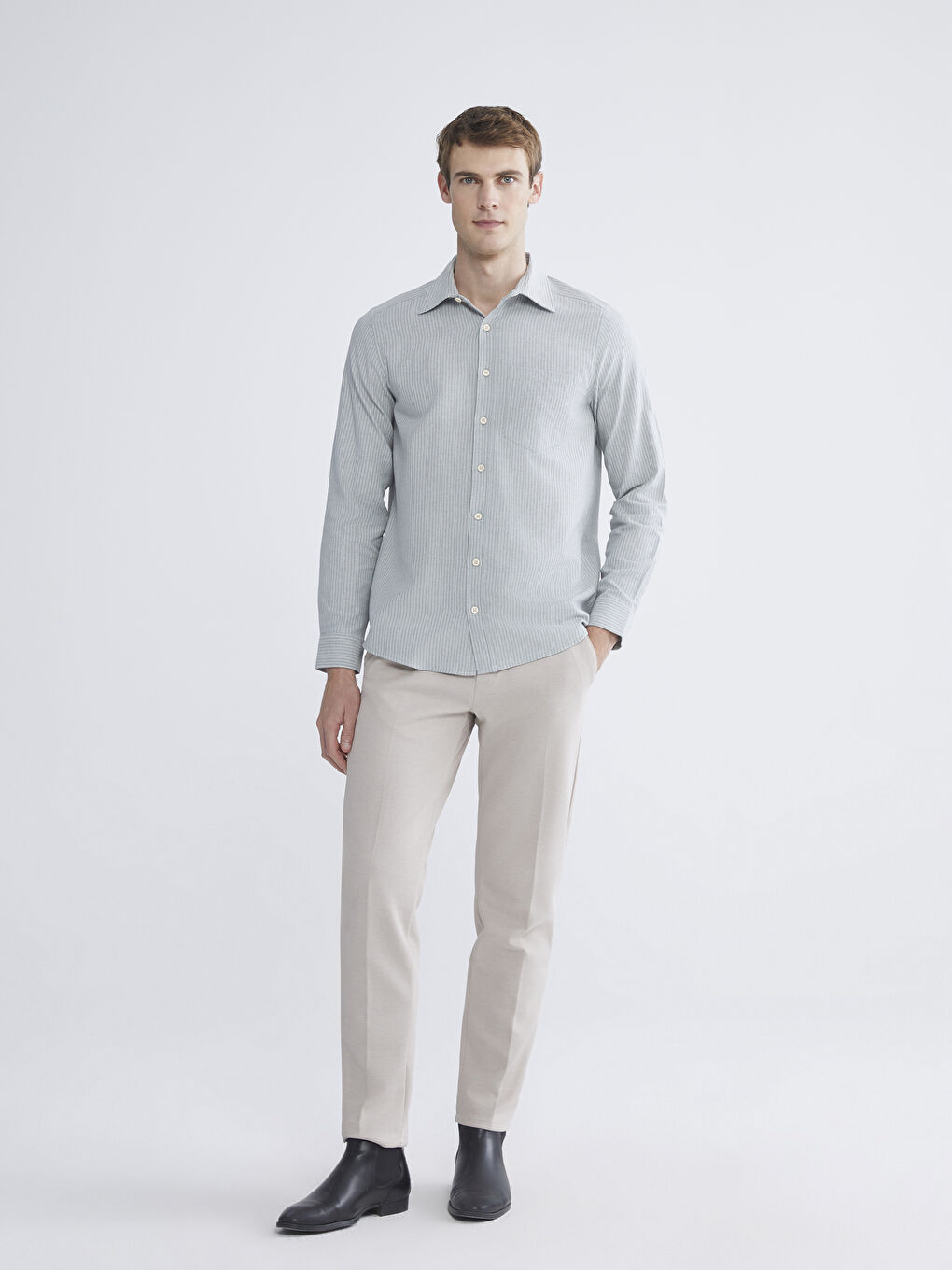 Yeşil Regular Fit Uzun Kollu Çizgili Poplin Erkek Gömlek-1