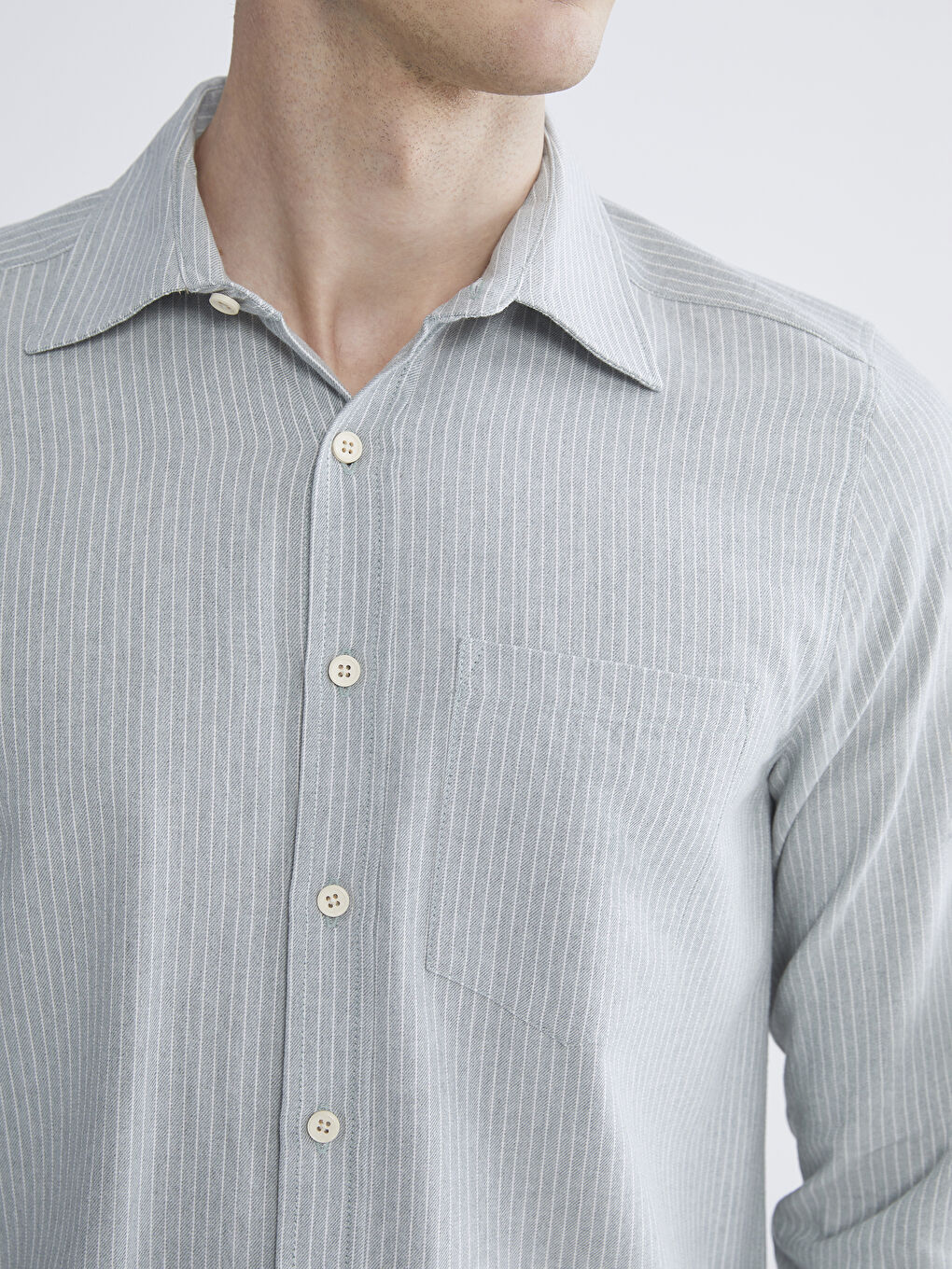 Yeşil Regular Fit Uzun Kollu Çizgili Poplin Erkek Gömlek-2