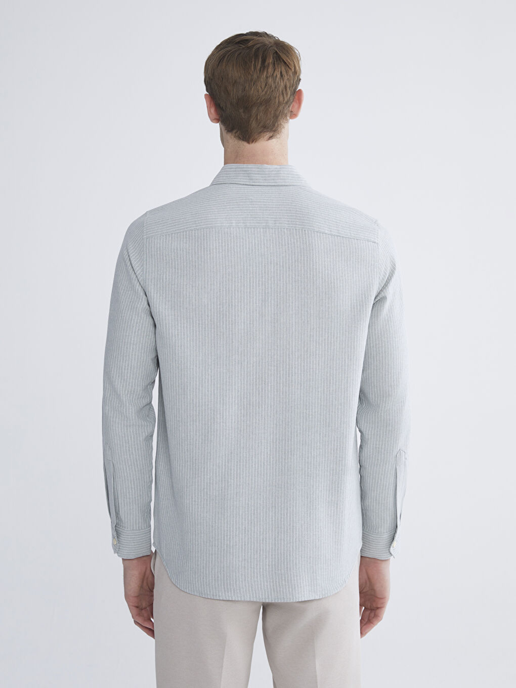 Yeşil Regular Fit Uzun Kollu Çizgili Poplin Erkek Gömlek-3