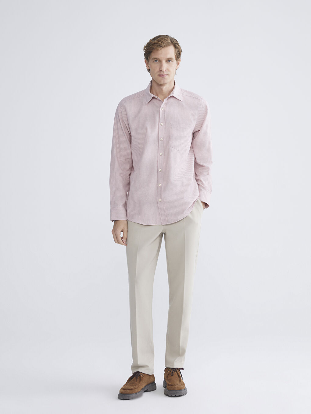 Pembe Regular Fit Uzun Kollu Çizgili Poplin Erkek Gömlek-1