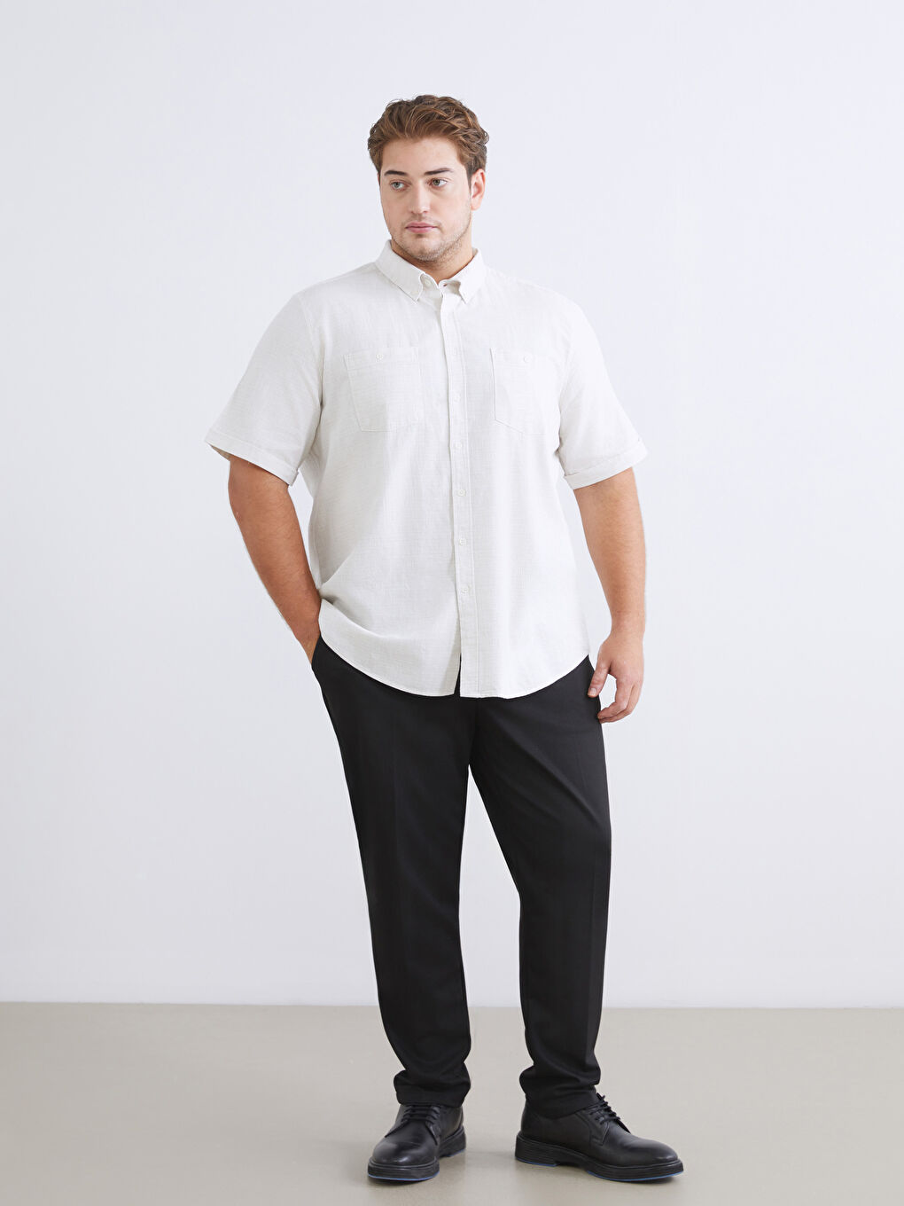 Bej Regular Fit Kısa Kollu Armürlü Erkek Dokulu Gömlek-5