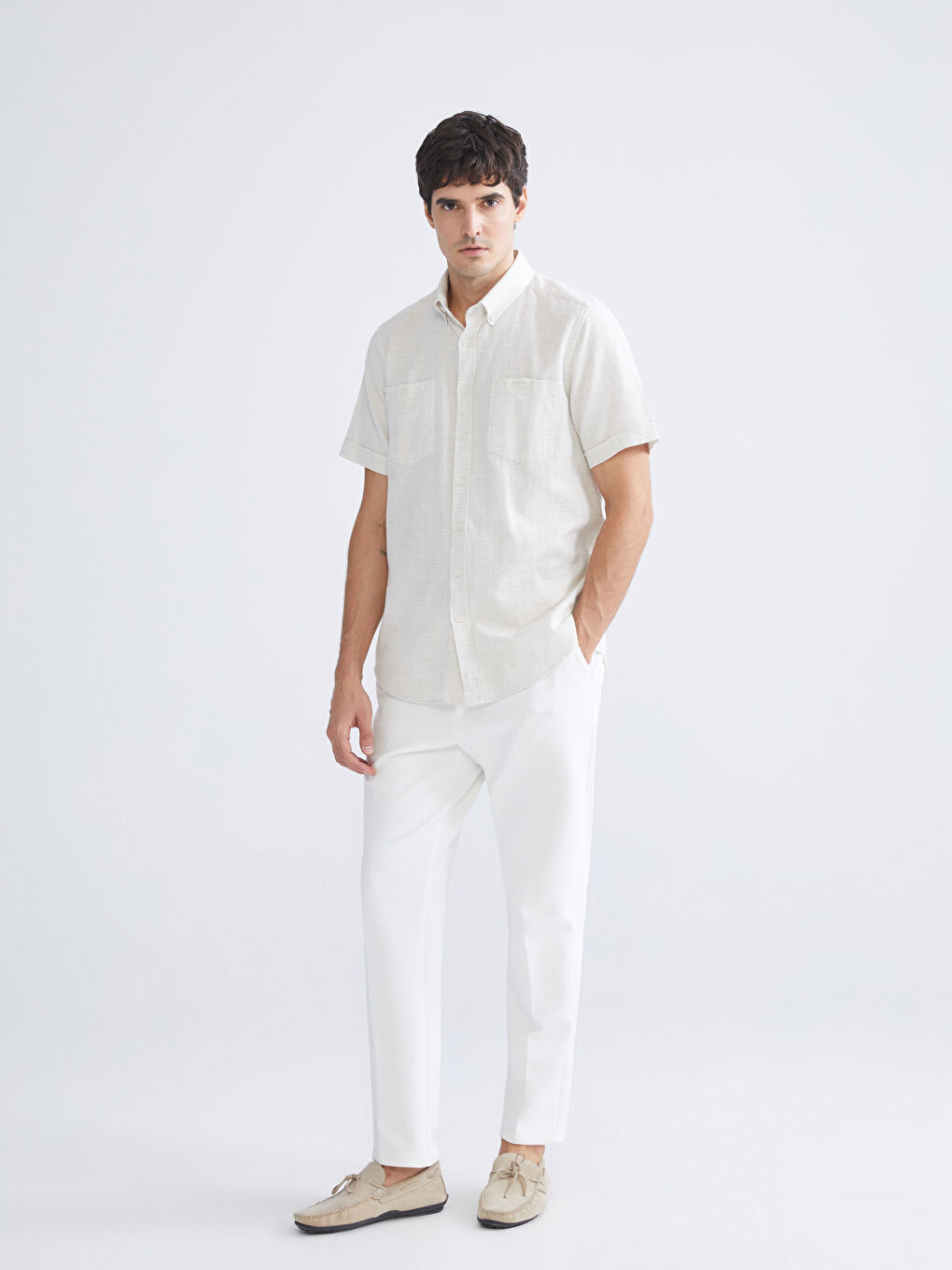 Bej Regular Fit Kısa Kollu Armürlü Erkek Dokulu Gömlek-2