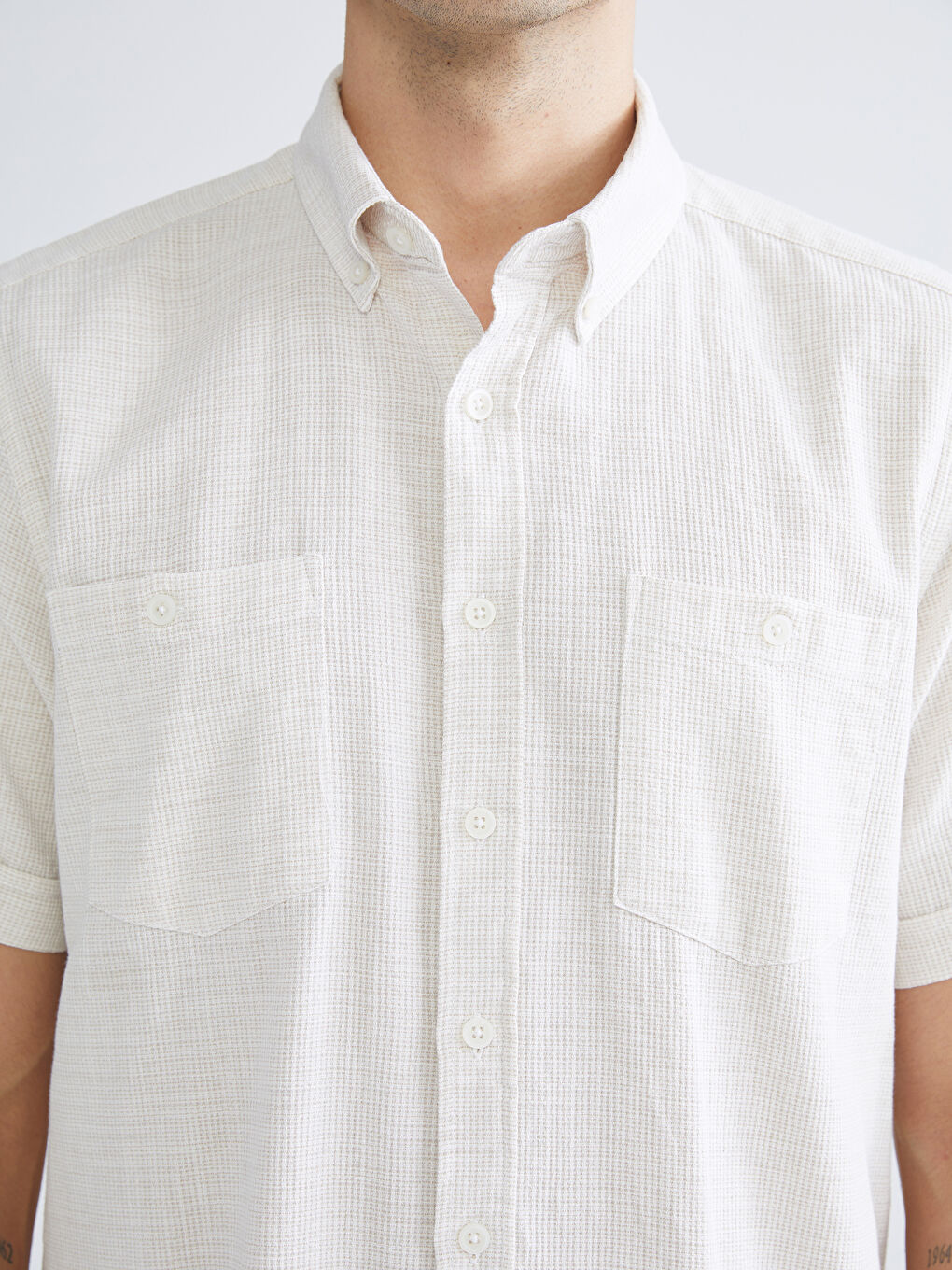 Bej Regular Fit Kısa Kollu Armürlü Erkek Dokulu Gömlek-3