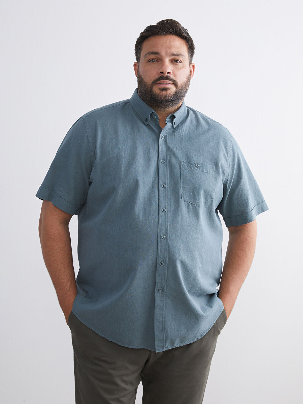 Yeşil Regular Fit Kısa Kollu Keten Karışımlı Erkek Gömlek