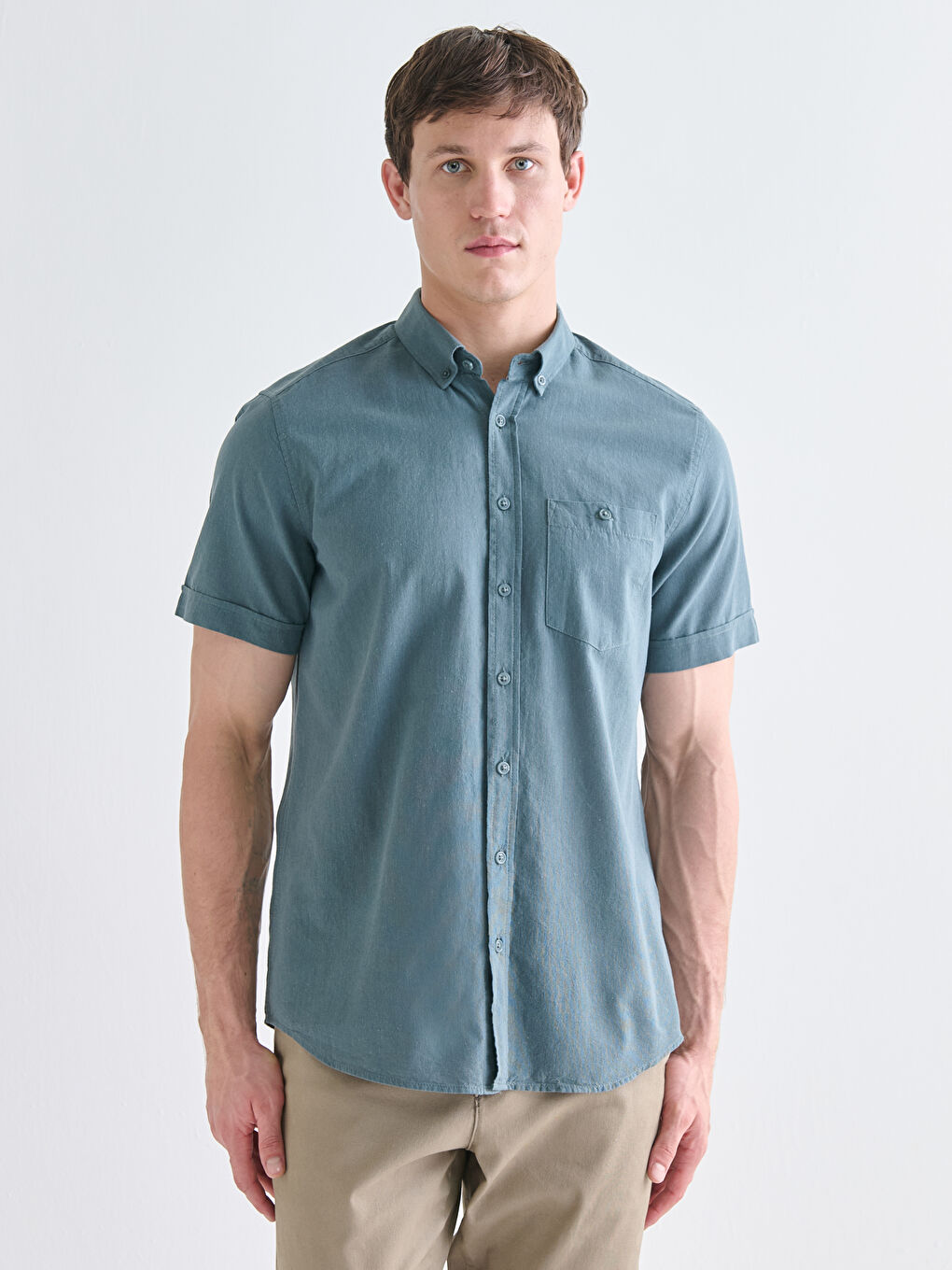 Yeşil Regular Fit Kısa Kollu Keten Karışımlı Erkek Gömlek-1