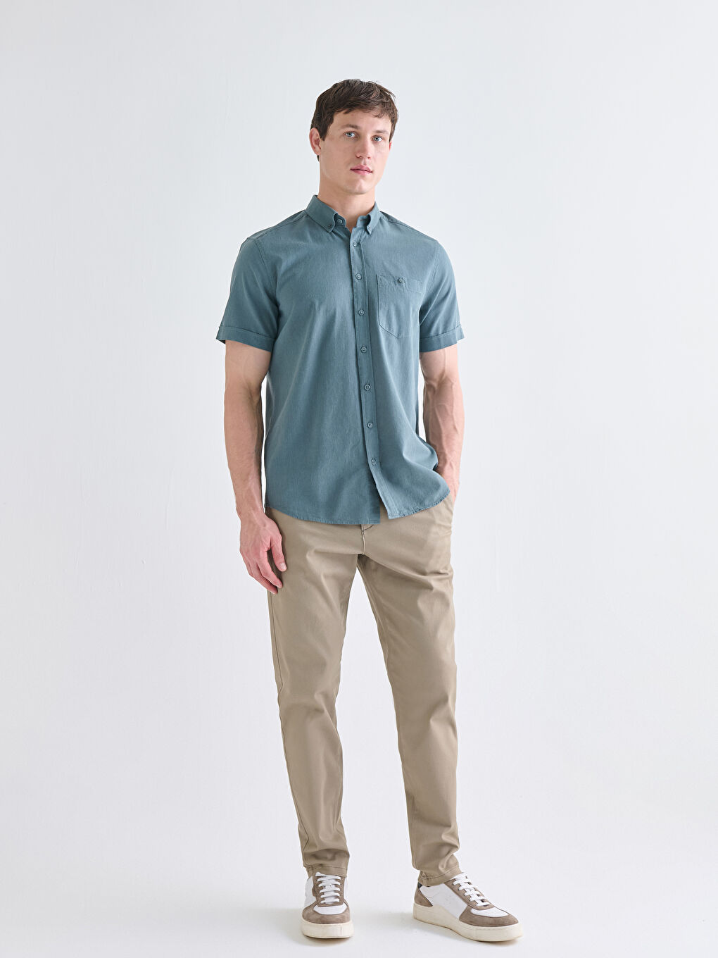 Yeşil Regular Fit Kısa Kollu Keten Karışımlı Erkek Gömlek-2