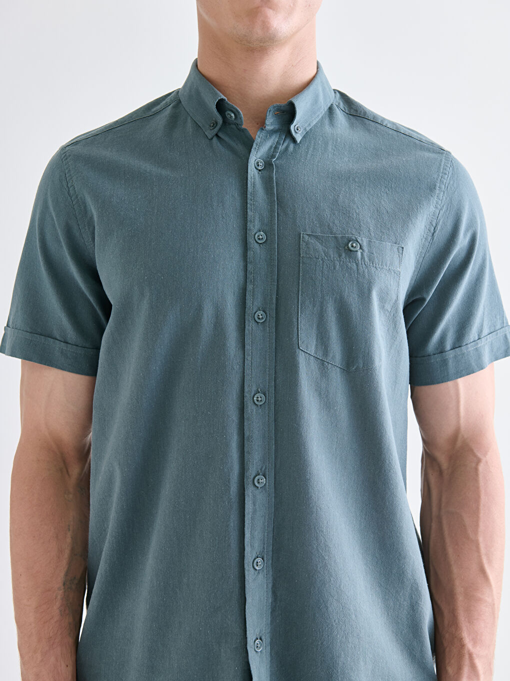 Yeşil Regular Fit Kısa Kollu Keten Karışımlı Erkek Gömlek-3