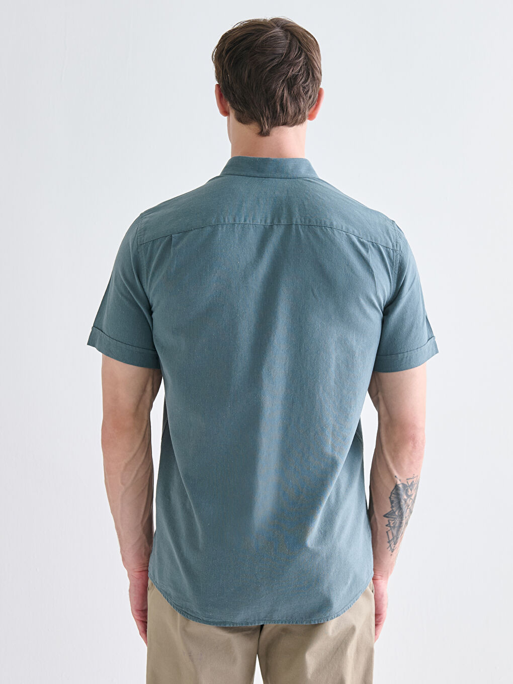 Yeşil Regular Fit Kısa Kollu Keten Karışımlı Erkek Gömlek-4