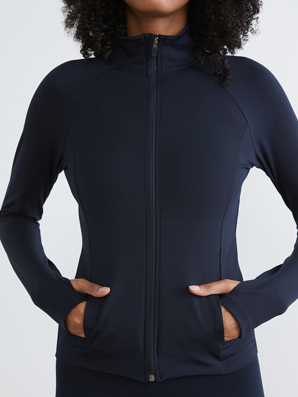 Lacivert Dik Yaka Parmak Geçmeli Kadın Fermuarlı Sweatshirt-2