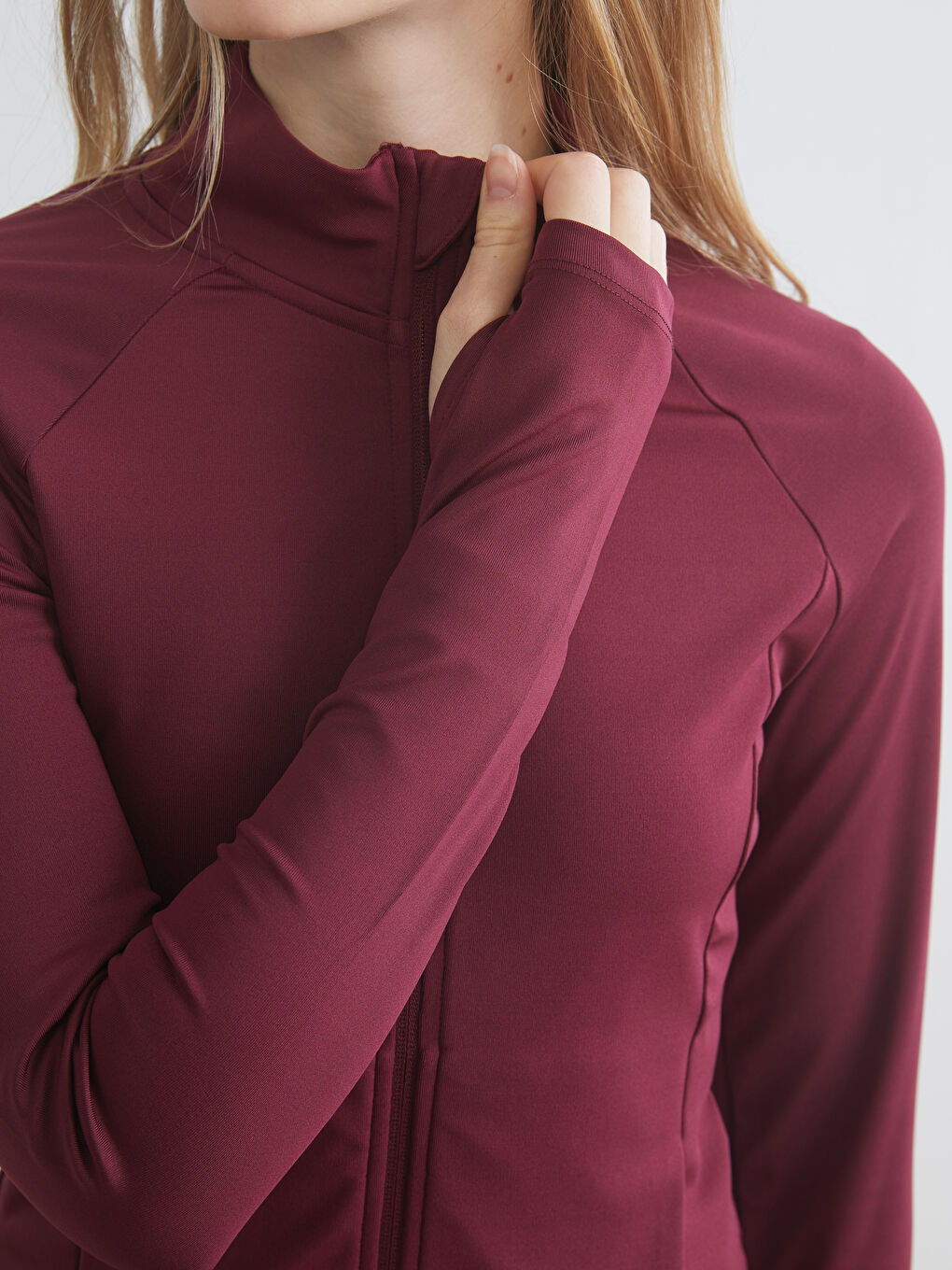 Mürdüm Dik Yaka Parmak Geçmeli Kadın Fermuarlı Sweatshirt-2