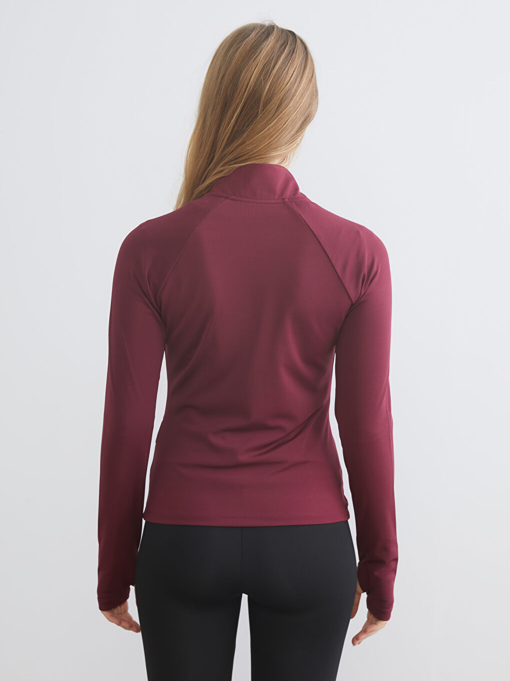 Mürdüm Dik Yaka Parmak Geçmeli Kadın Fermuarlı Sweatshirt-3