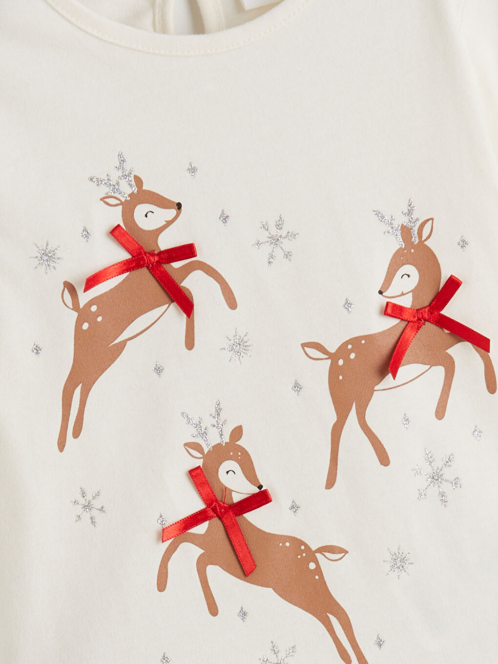 Ekru Bisiklet Yaka Yılbaşı Temalı Kız Çocuk Tişört-1