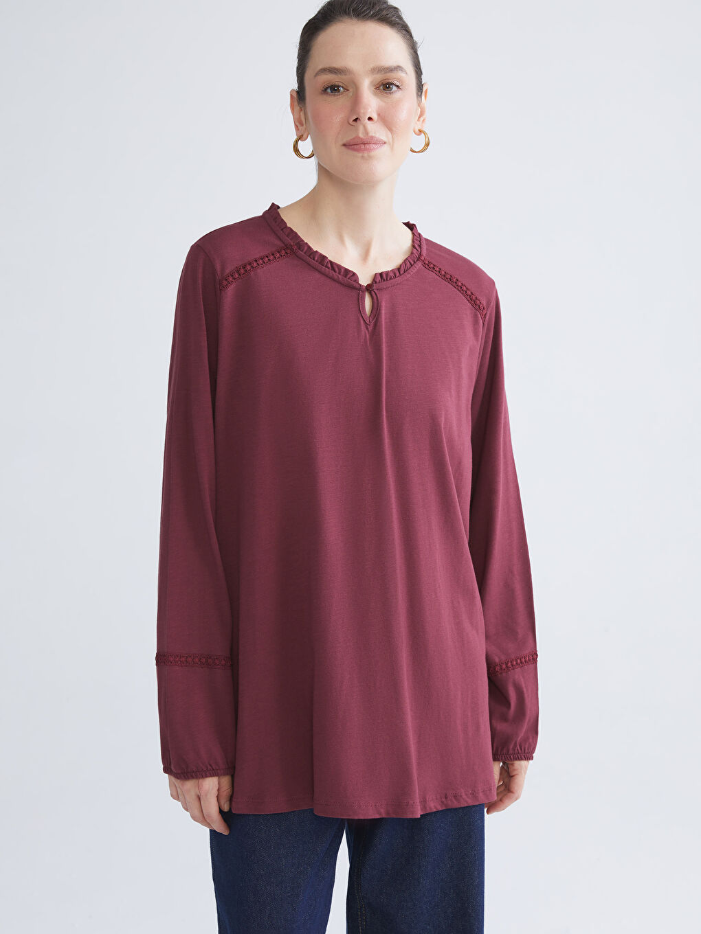 Bordo Fırfırlı Bisiklet Yaka Bluz