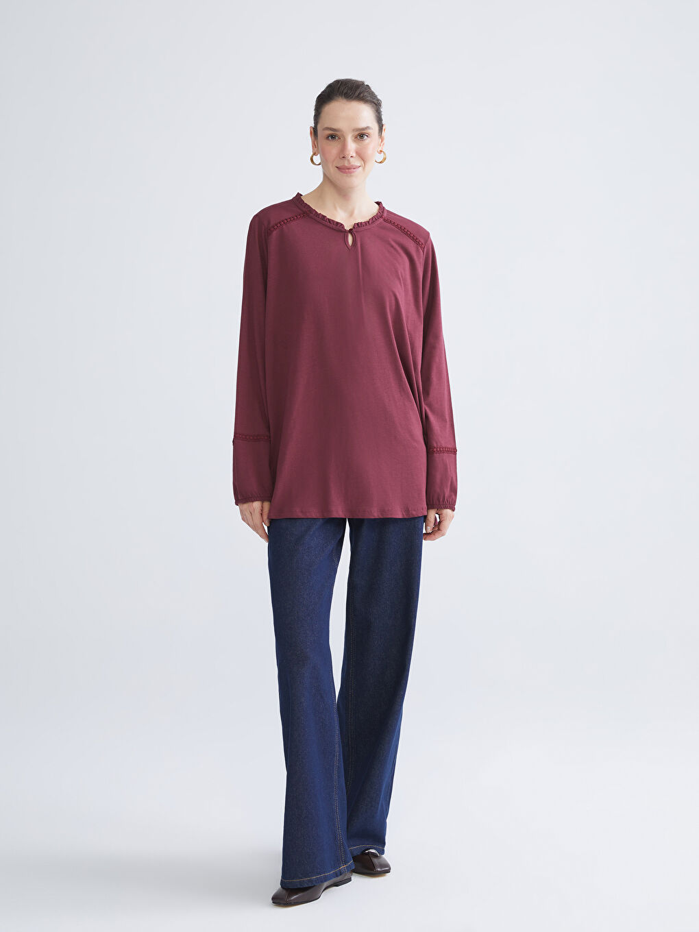 Bordo Fırfırlı Bisiklet Yaka Bluz-1