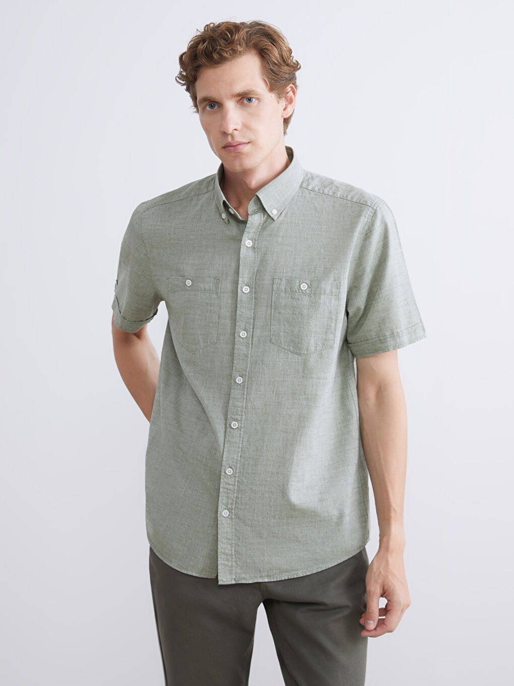 Haki Regular Fit Kısa Kollu Poplin Erkek Gömlek