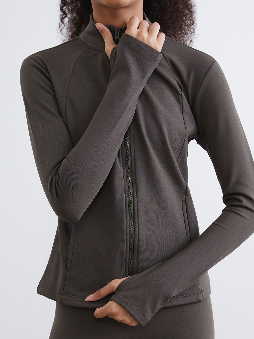 Funnel Neck Finger Hole Women's Zippered Sweatshirt-2